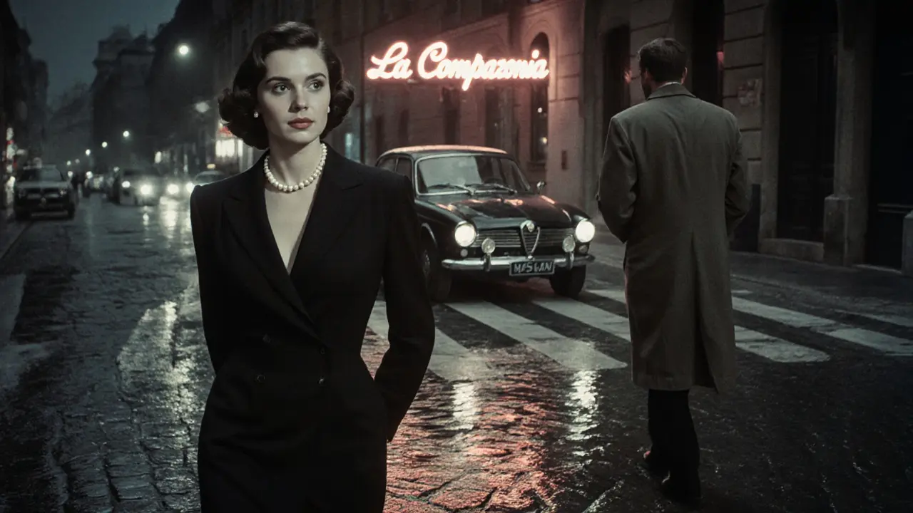 A 1950s Milan escort walks past a discreet agency sign at dusk, gentleman waiting by a vintage car.