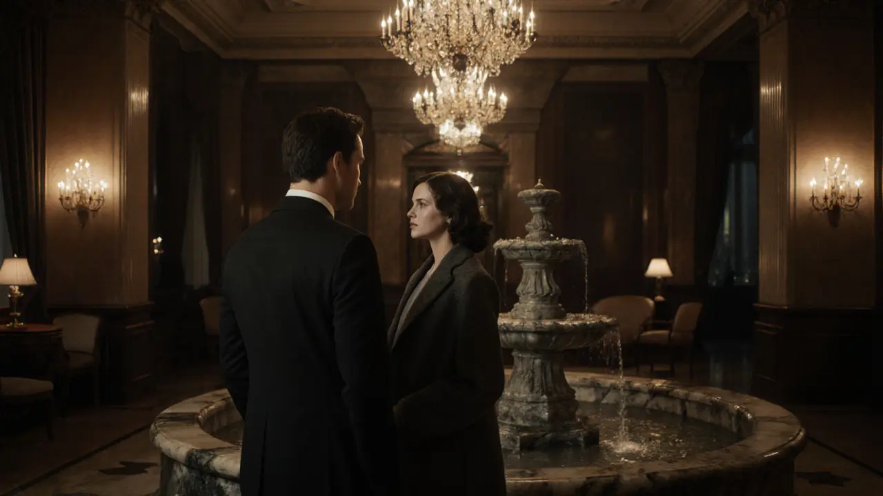 A discreet meeting in a luxury Berlin hotel lobby between a client and companion at night.