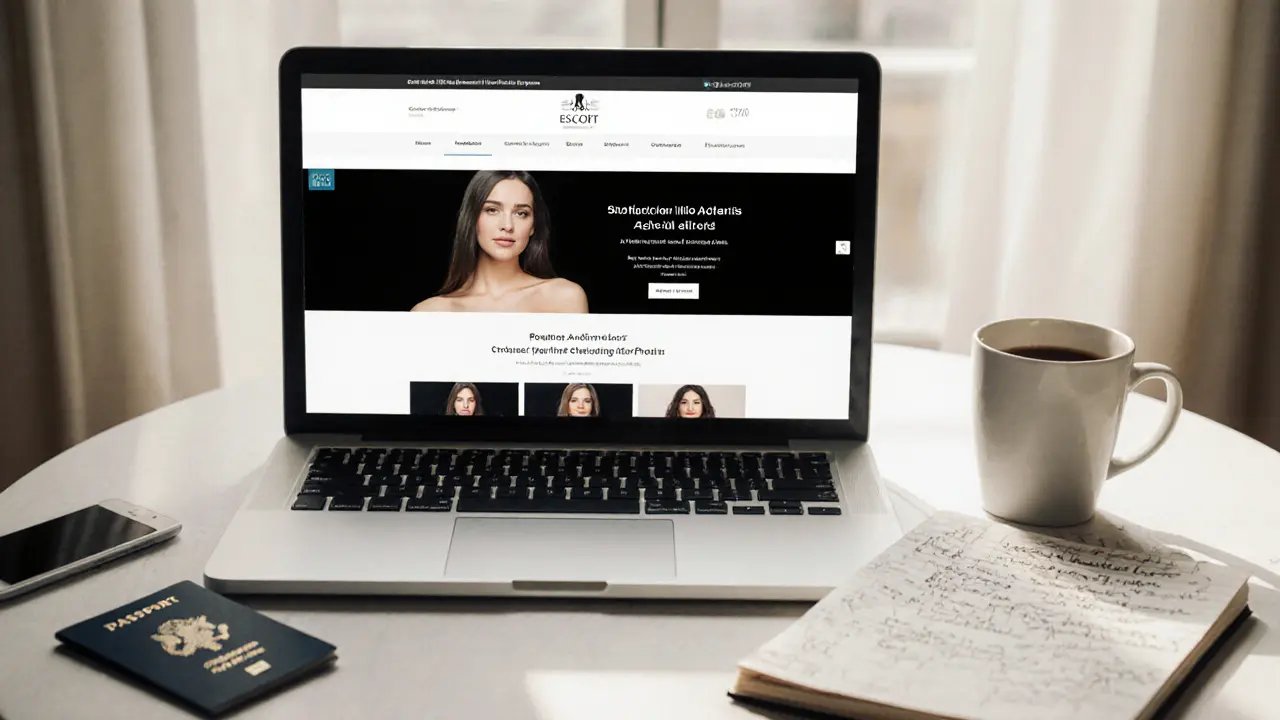 A laptop showing a professional escort agency website with passport verification request and handwritten notes nearby.