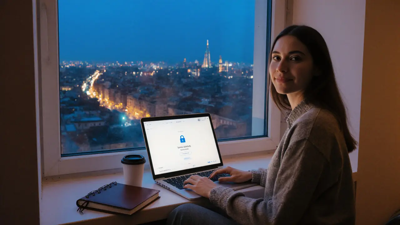 A modern female escort works calmly from her apartment window, lit by city lights and a glowing laptop.