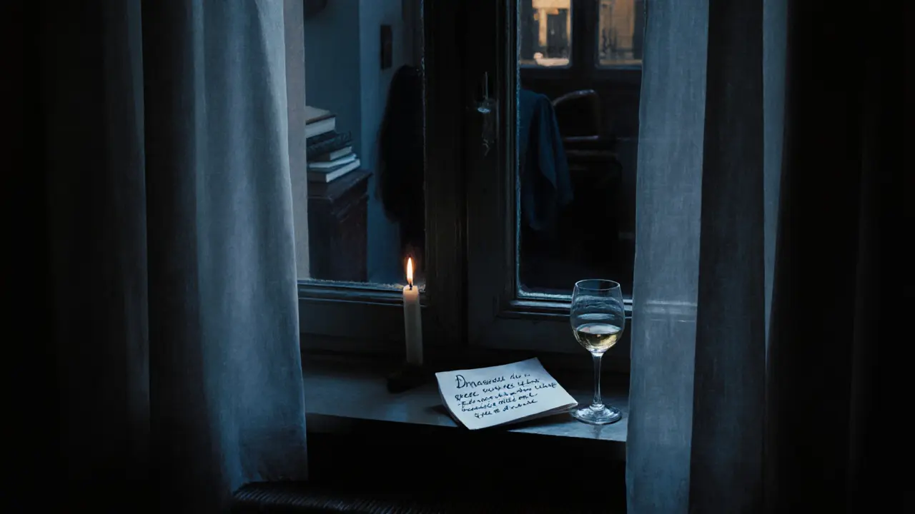 An open window in a Paris apartment with a candle and folded note, empty room conveying dignity and stillness.
