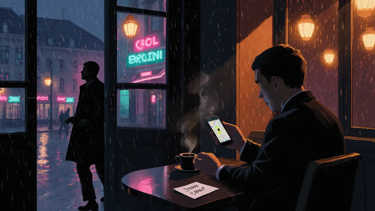 Cafe meeting at night with a client sharing location and a subtle code word note.