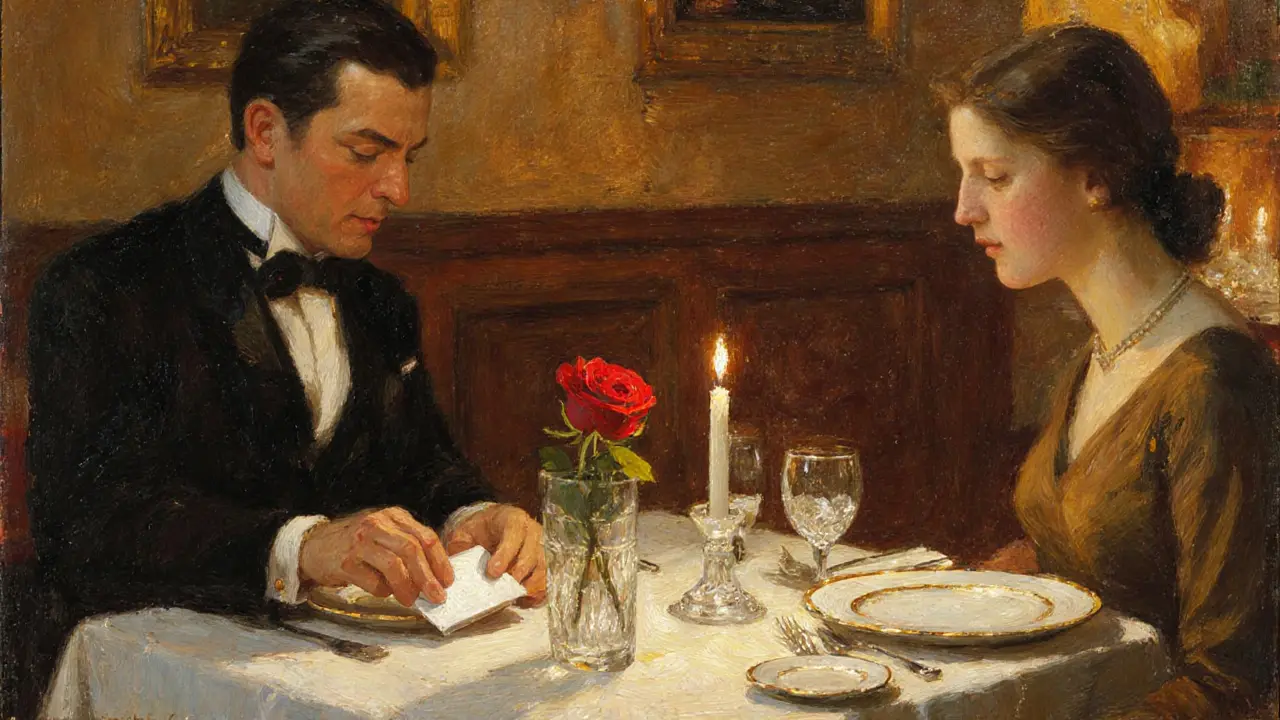 Candlelit dinner with rose and tip envelope indicating a respectful farewell.