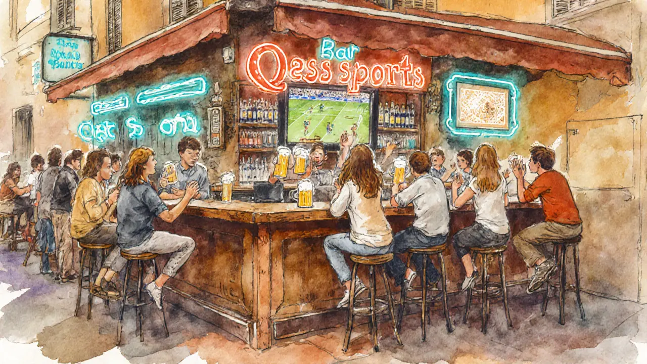 Casual bar scene with lively crowd, drinks, and a small TV showing a game.