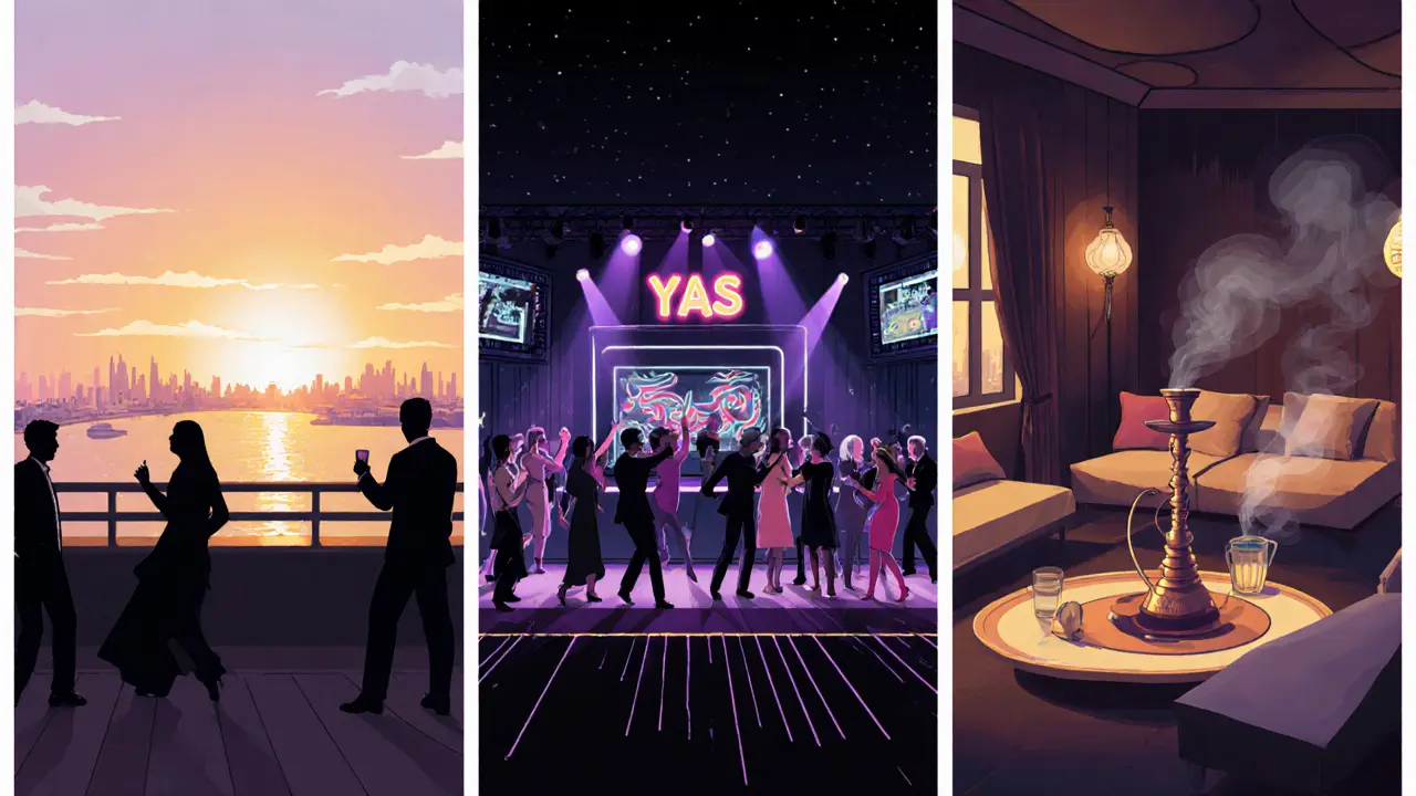 Collage of rooftop cocktail, nightclub, and shisha lounge illustrating a night out.