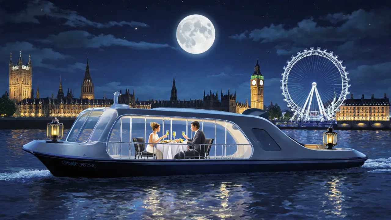 Couple dining on a glass river cruise with illuminated London landmarks.