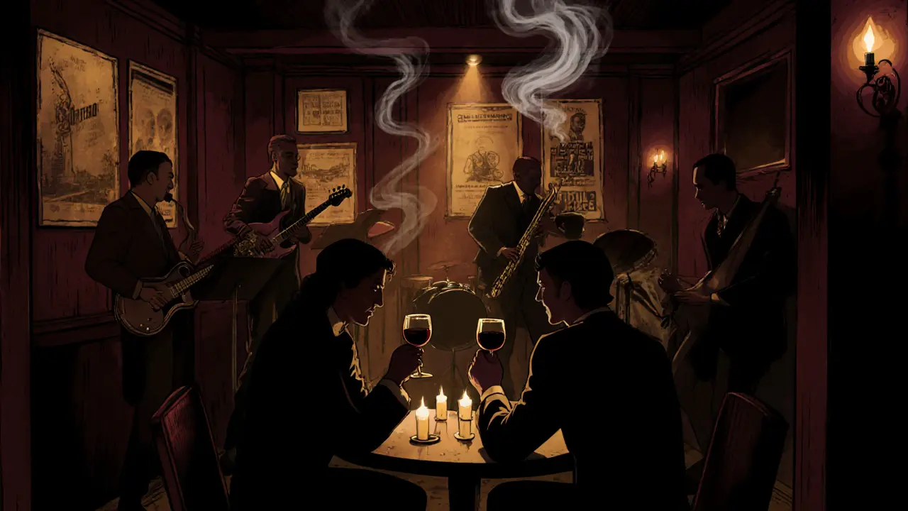 Couple enjoying live jazz in an intimate underground Paris club.