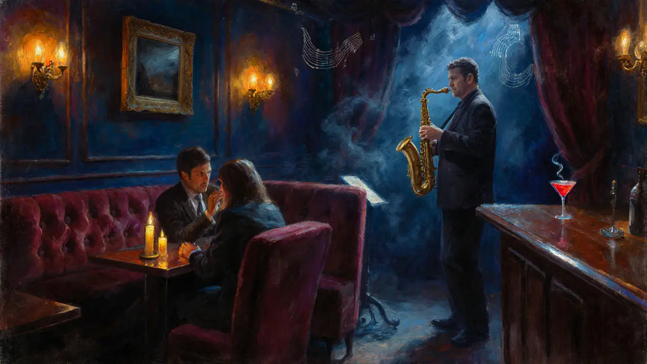 Couple in a dim jazz club booth listening to live music by candlelight.