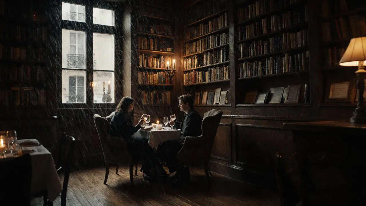 Cozy wine bar with bookshelves and candlelight, couple enjoying wine in quiet intimacy.