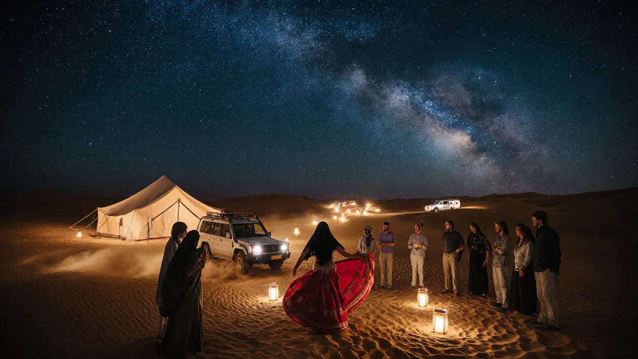 Desert safari camp at night with lanterns, dancers, and starry sky.