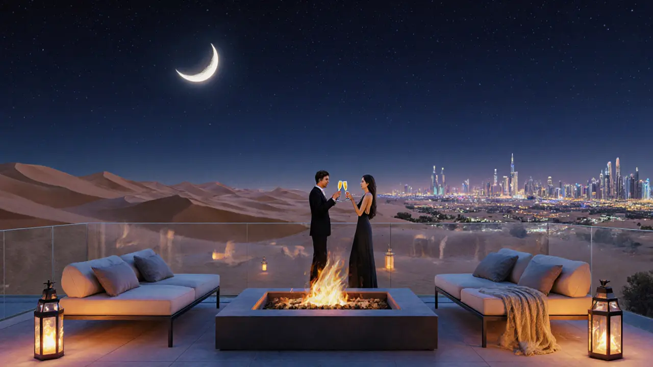 Desert under starry sky with rooftop lounge, champagne glasses, and city lights in the background.