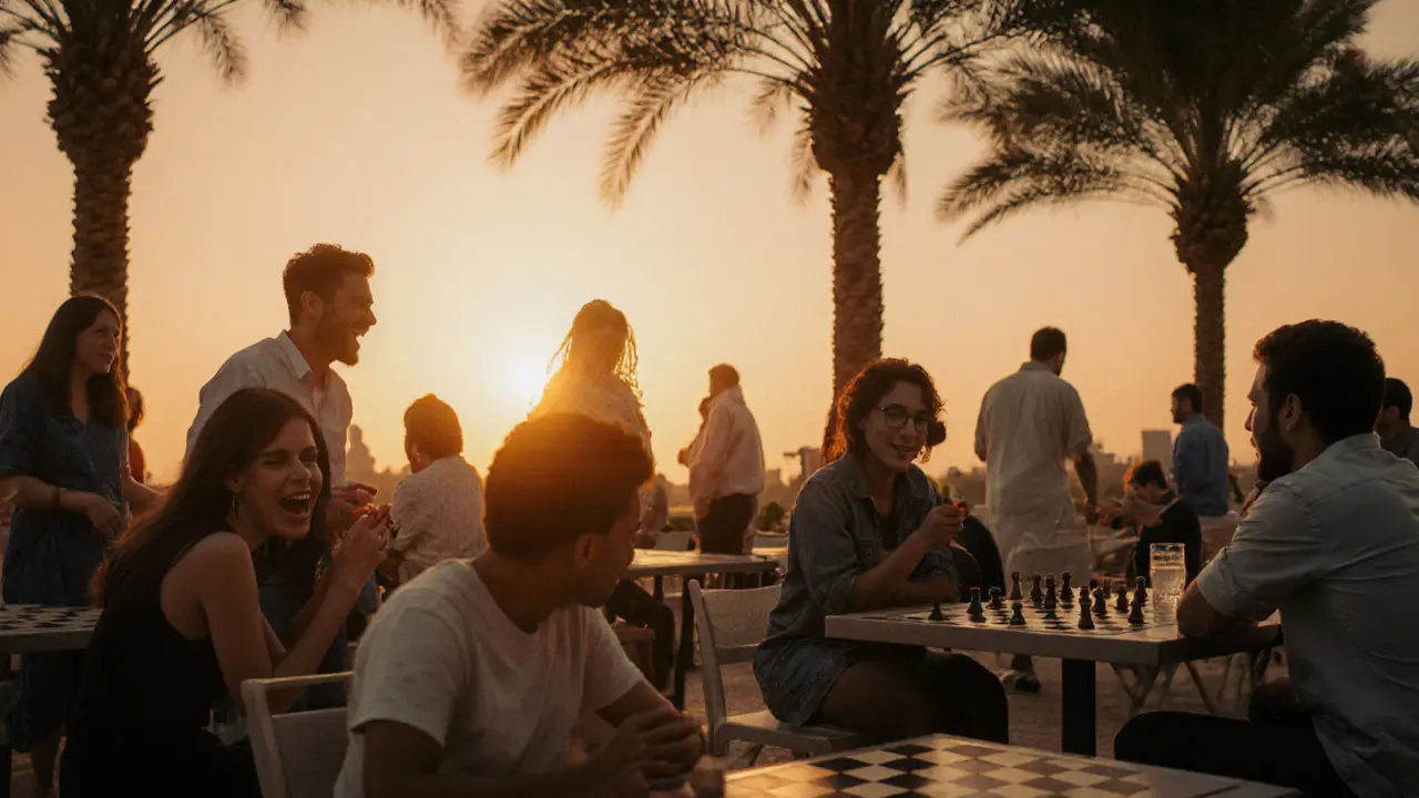 Diverse expats socializing in a Dubai park at sunset, enjoying conversation and board games in natural light.