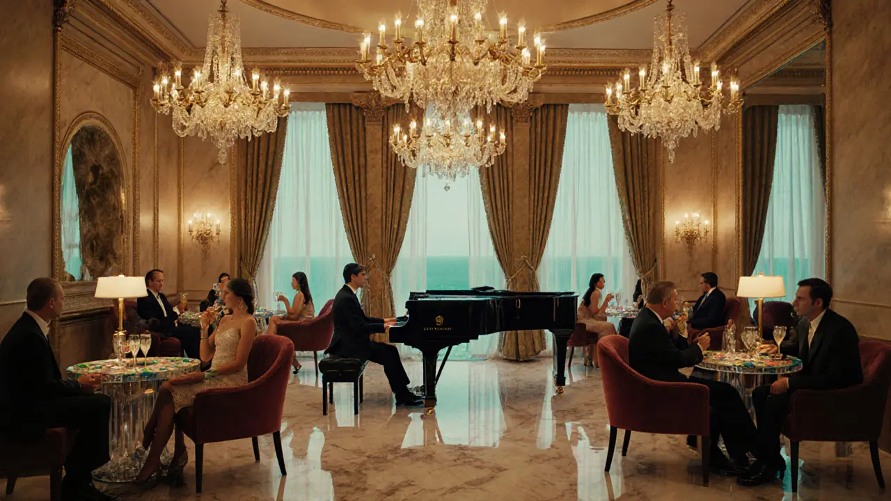 Elegant casino lounge with chandeliers, piano, and patrons enjoying champagne.