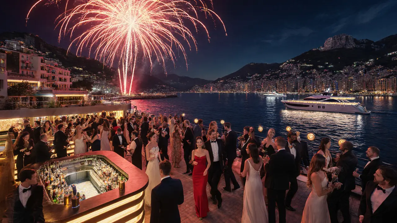 Grand Prix night after‑party with fireworks, yachts and dressed guests.