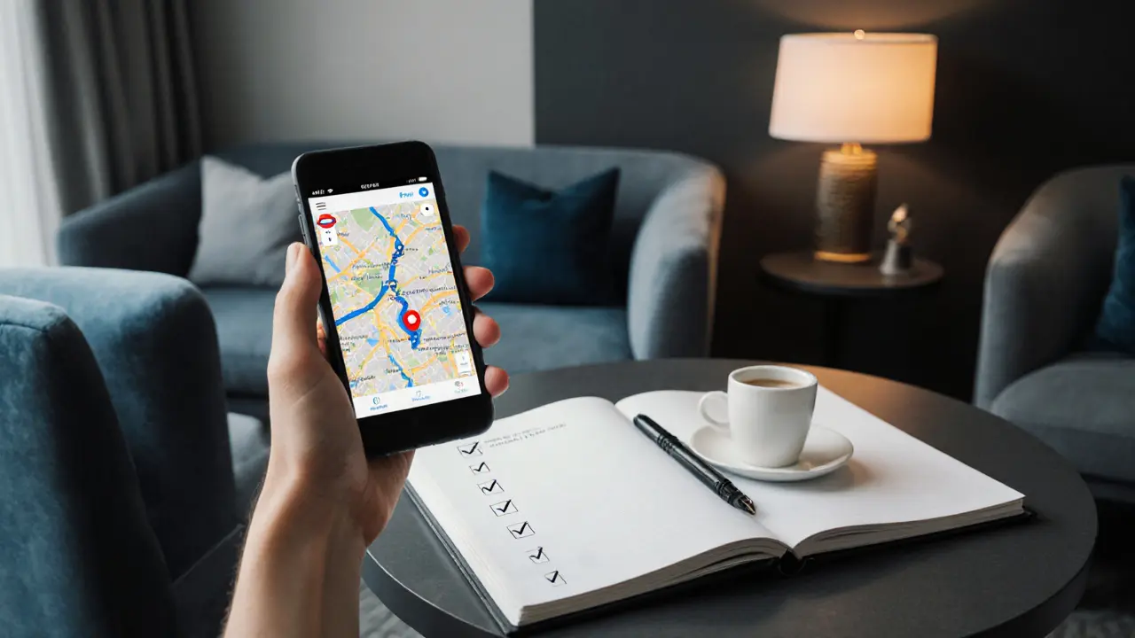 Hand holding a phone with a London map and a checklist beside a quiet hotel lounge.