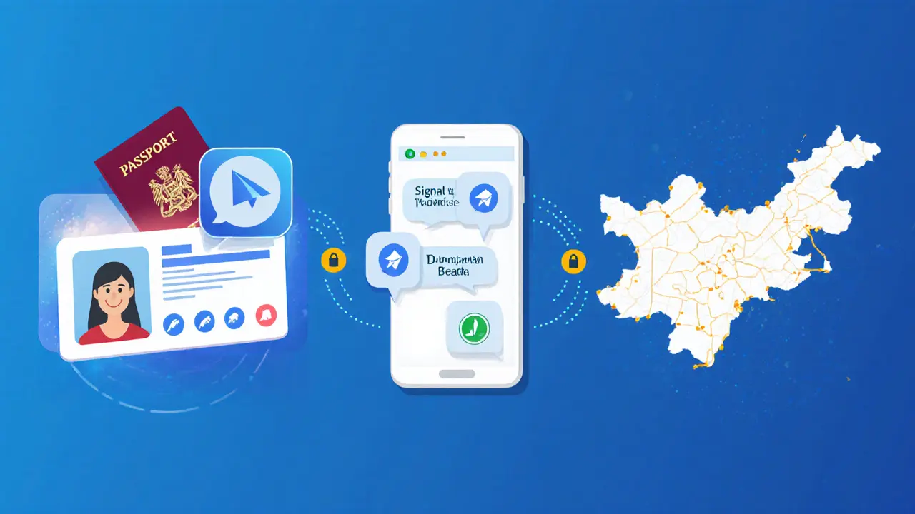 Illustration of ID verification, video call, and encrypted messaging over a Dubai map.