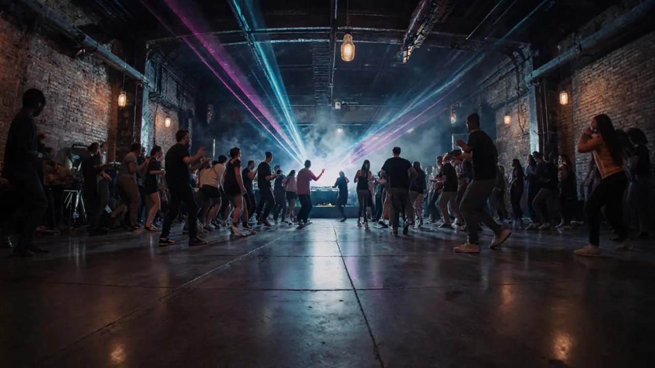 Industrial club interior with massive dance floor and techno crowd.