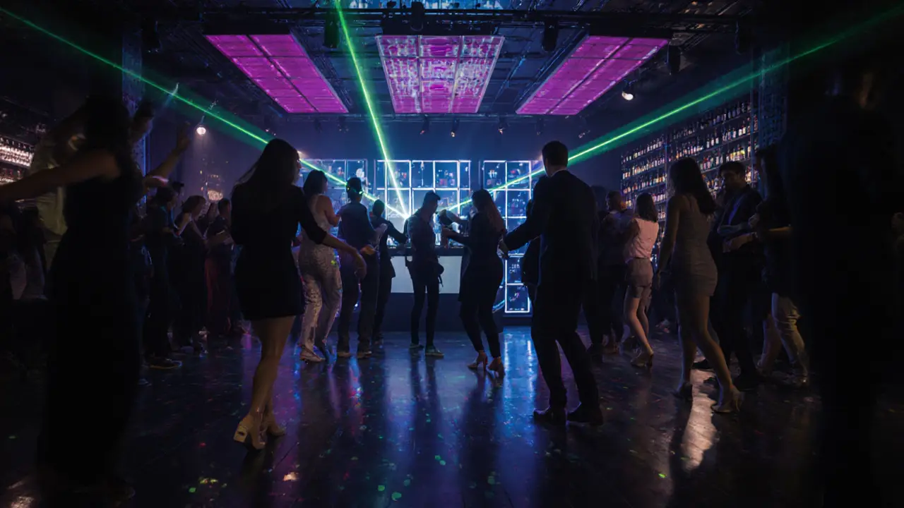 Inside Jimmy&#039;z club with a DJ, laser lights, and dancing crowd.