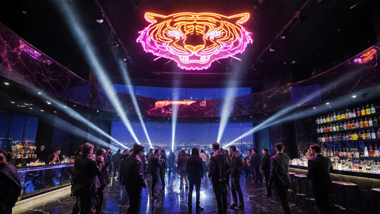 Inside Just Cavalli club with neon tiger logo, upscale patrons, and dynamic lighting.
