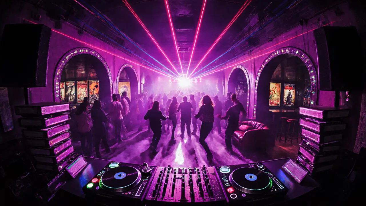 Interior of Roxy nightclub with dancing crowd, laser lights, and vintage decor.