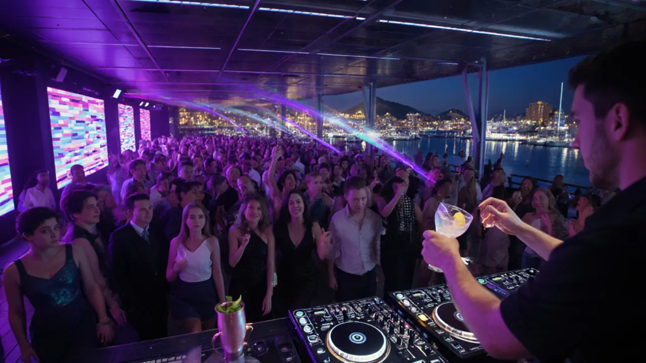 Jimmy'z terrace nightclub with DJ, dancing crowd, and Monaco Mule drinks.