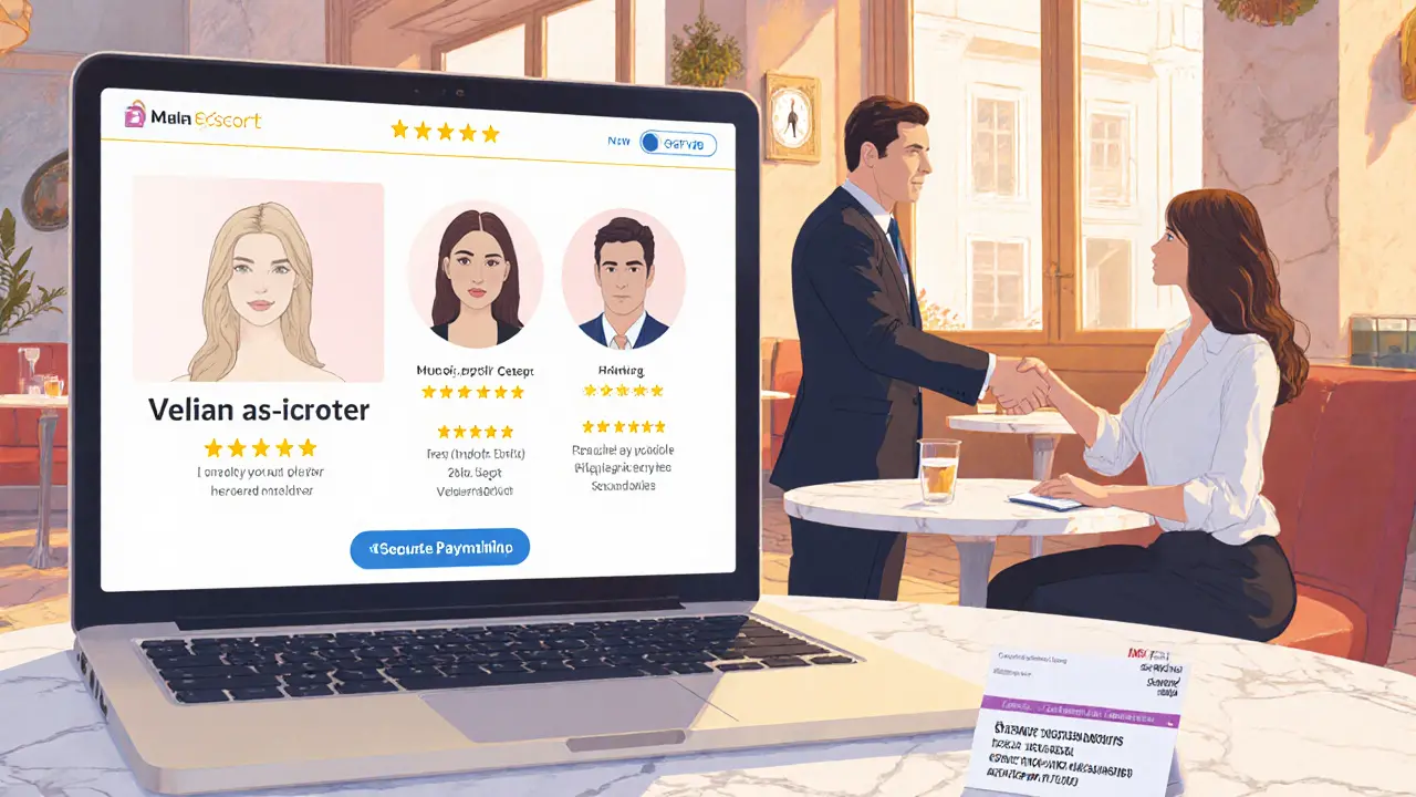 Laptop showing verified escort profile and secure payment beside a café meeting.