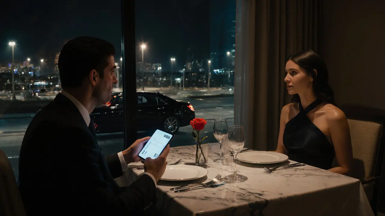 Luxury hotel suite dinner with a companion, virtual credit card, and sedan outside.