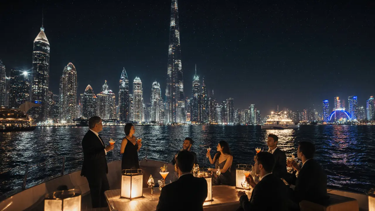 Luxury yacht at night with elegant guests and city lights.