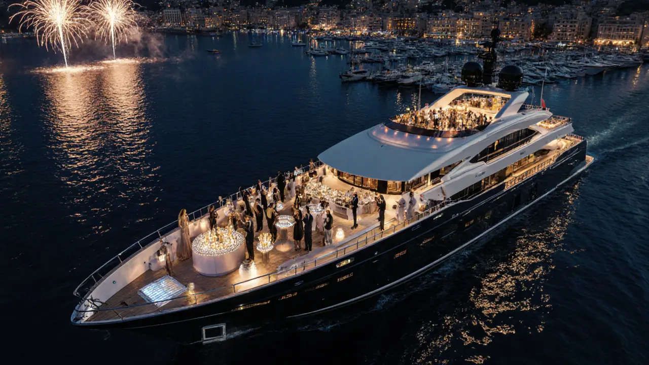 Luxury yacht party in Monte Carlo harbor with guests, cocktails, and fireworks.