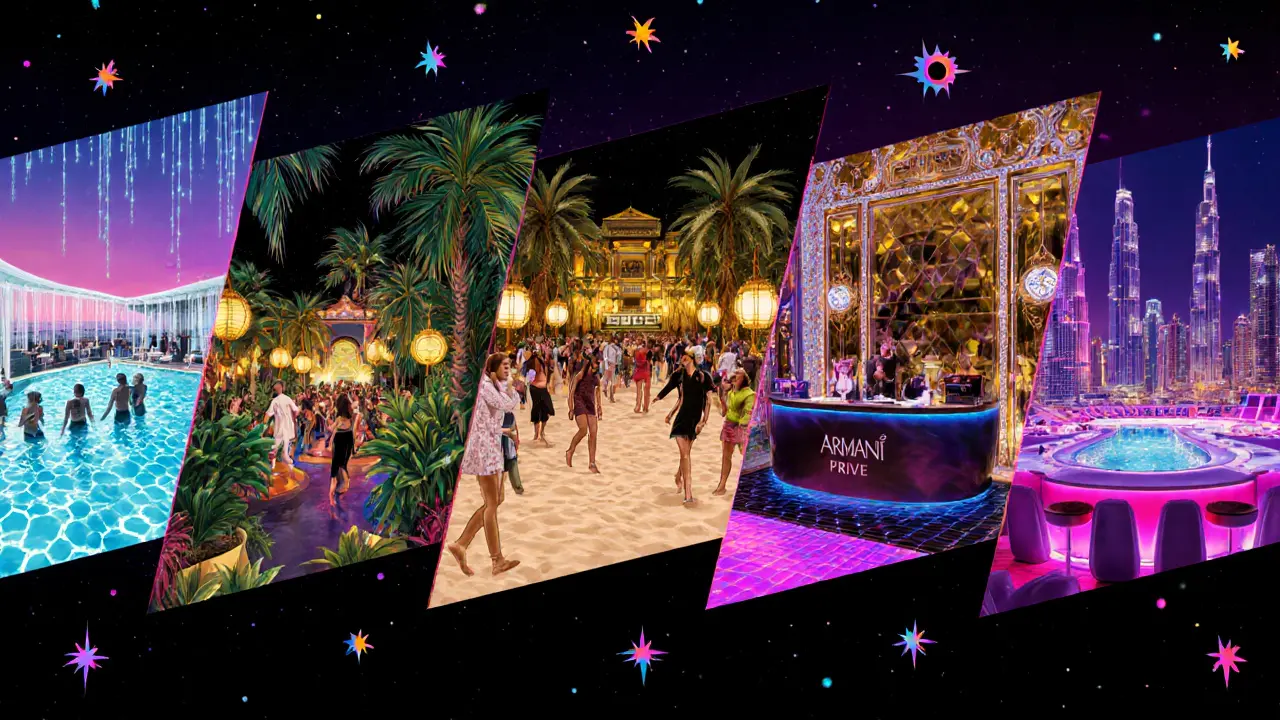 Neon art panel showing five upscale Dubai nightclubs.