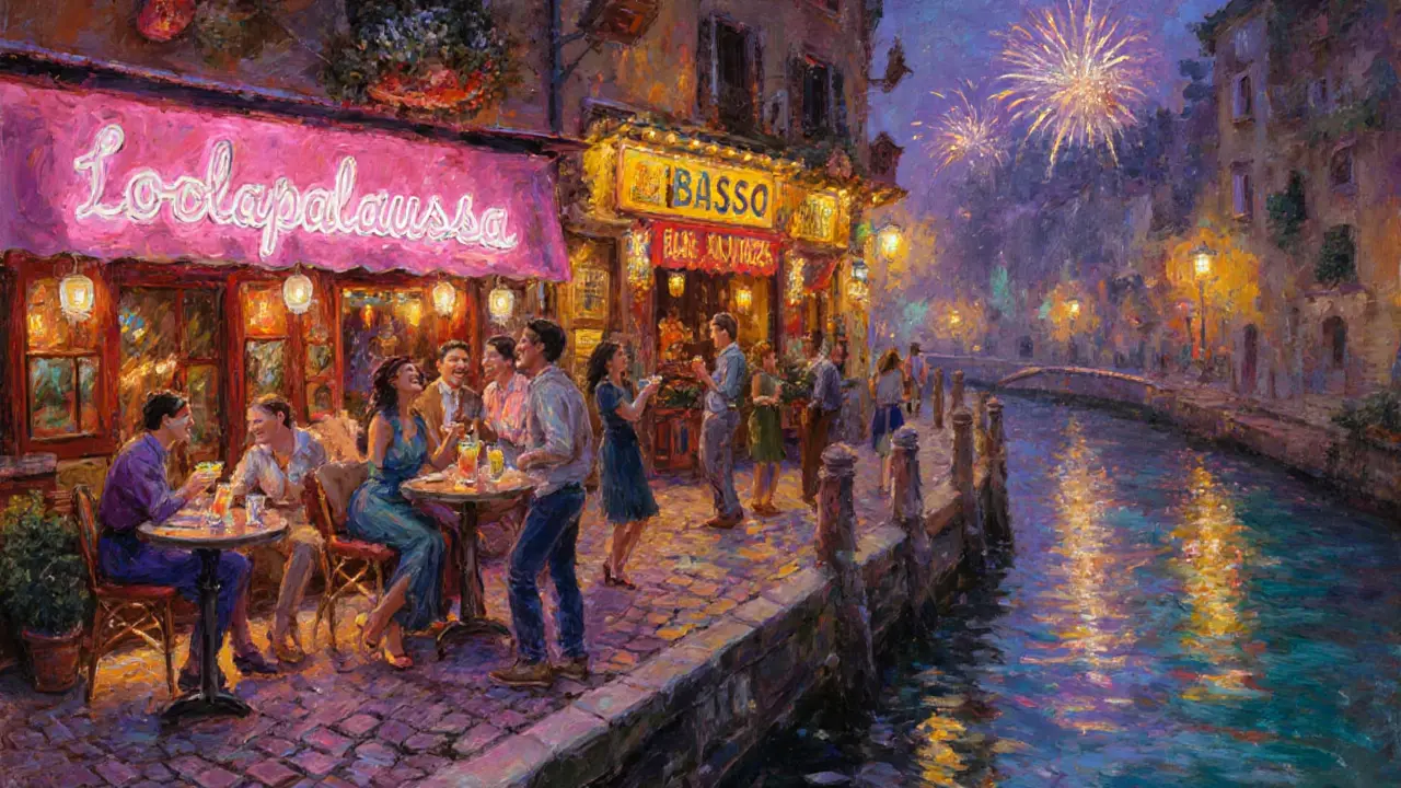 Nighttime canal side bar hopping scene in Navigli with neon lights.