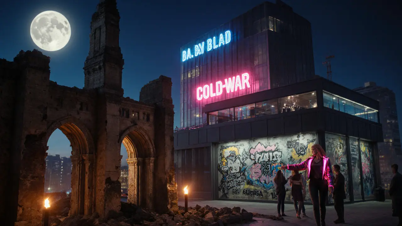 Nighttime rooftop bar with ruins of St. Matthew’s Church and neon‑lit guide Lea Schneider.