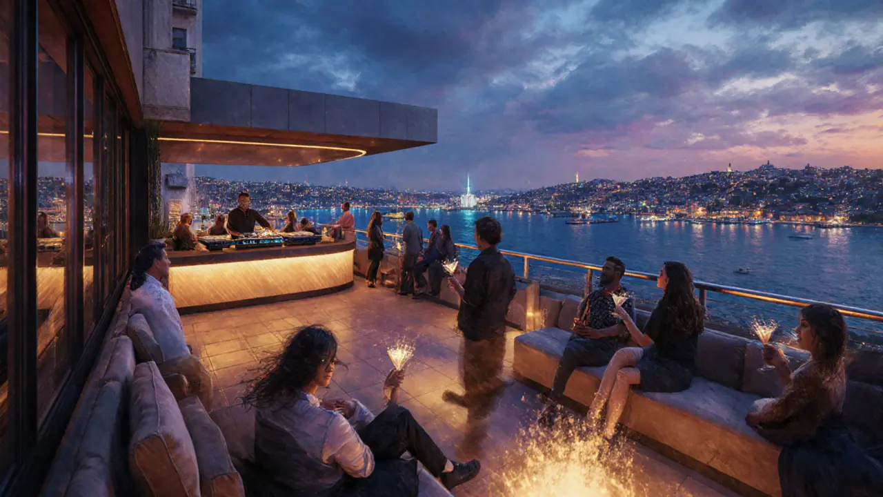 Rooftop bar 360 Istanbul showing panoramic city view, DJ, and cocktail crowd.