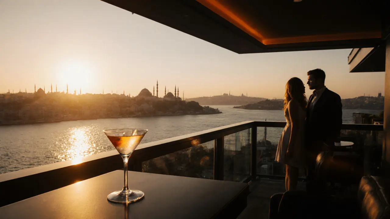 Rooftop bar with a cocktail and panoramic Bosphorus view at sunset.
