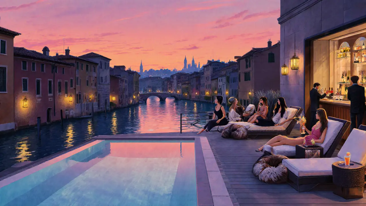 Rooftop lounge at Ceresio 7 showing sunset over Navigli canals with guests by the pool.