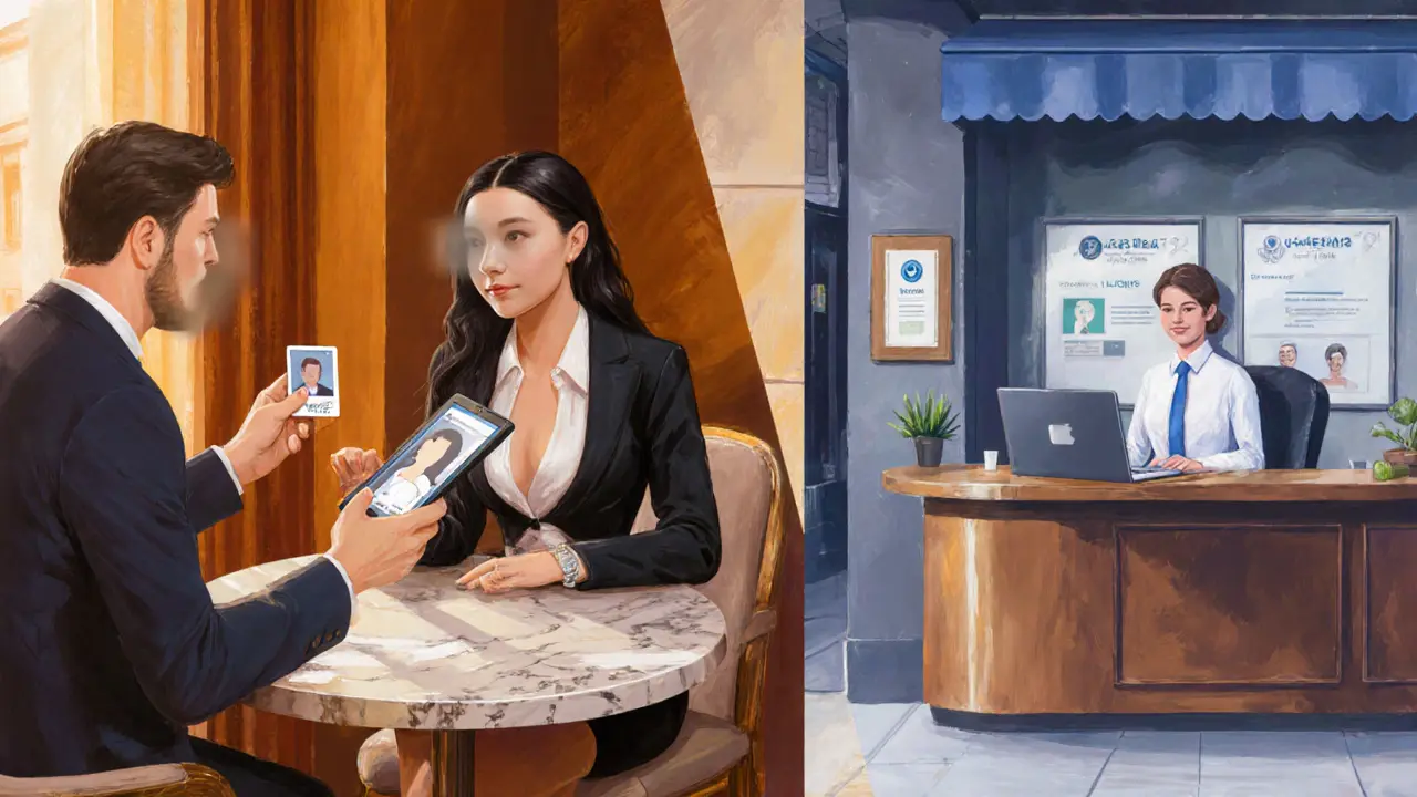 Side‑by‑side scene of independent escort meeting a client versus agency office booking.