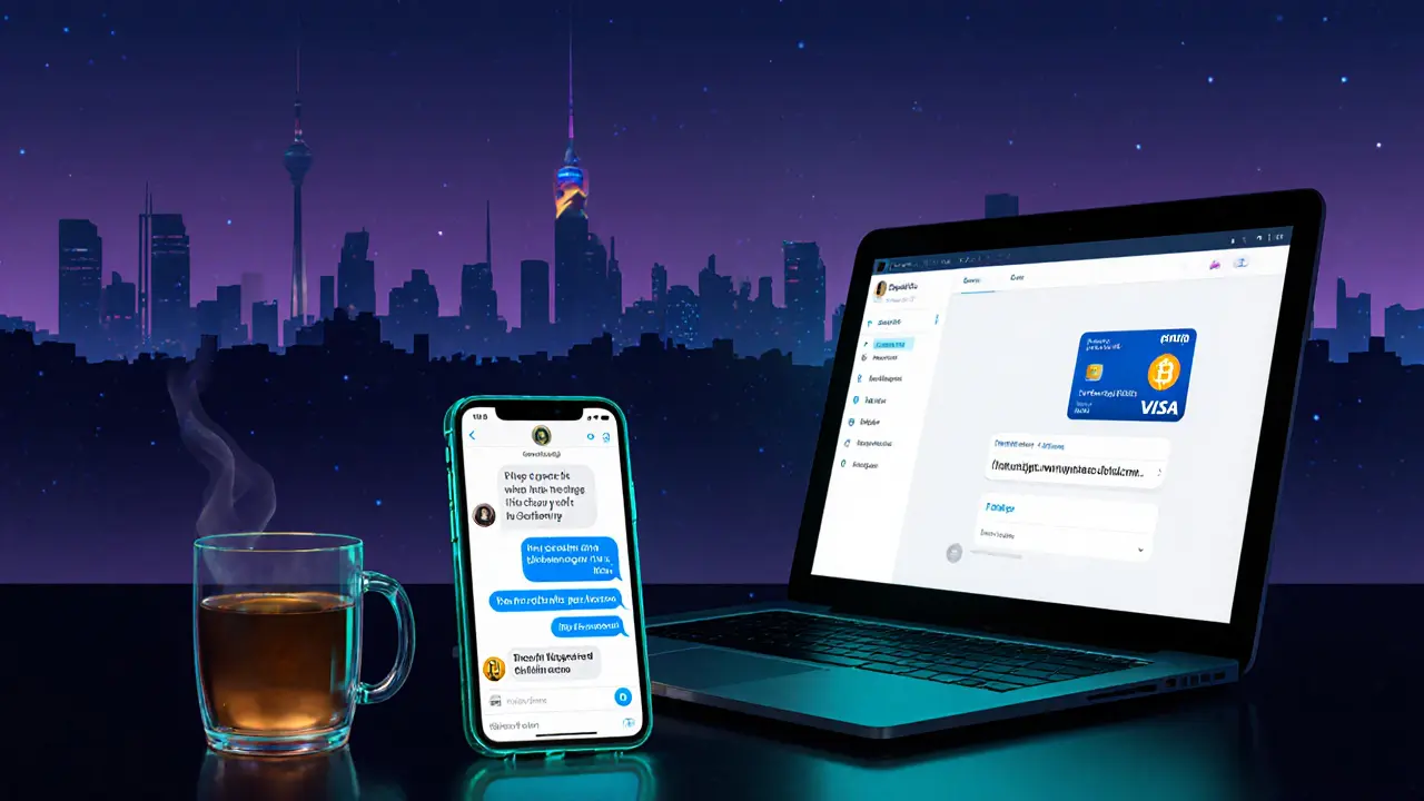 Smartphone and laptop displaying encrypted chat and crypto wallet in a dim room.