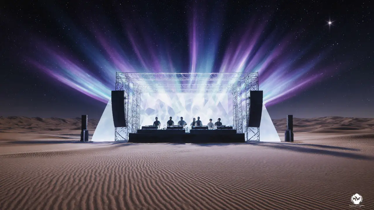 Soundwave Dubai desert event with light installations and sound waves over dunes under stars.