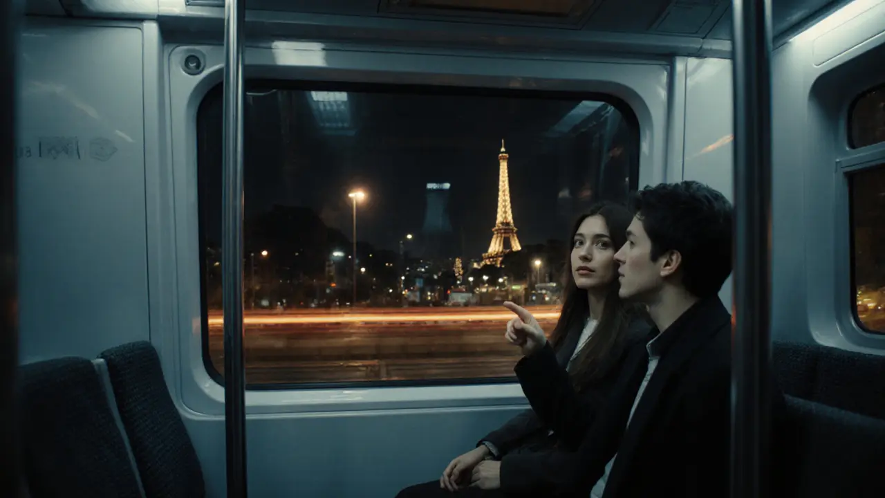 Two companions on a late‑night Paris Metro ride, city lights streaming past.