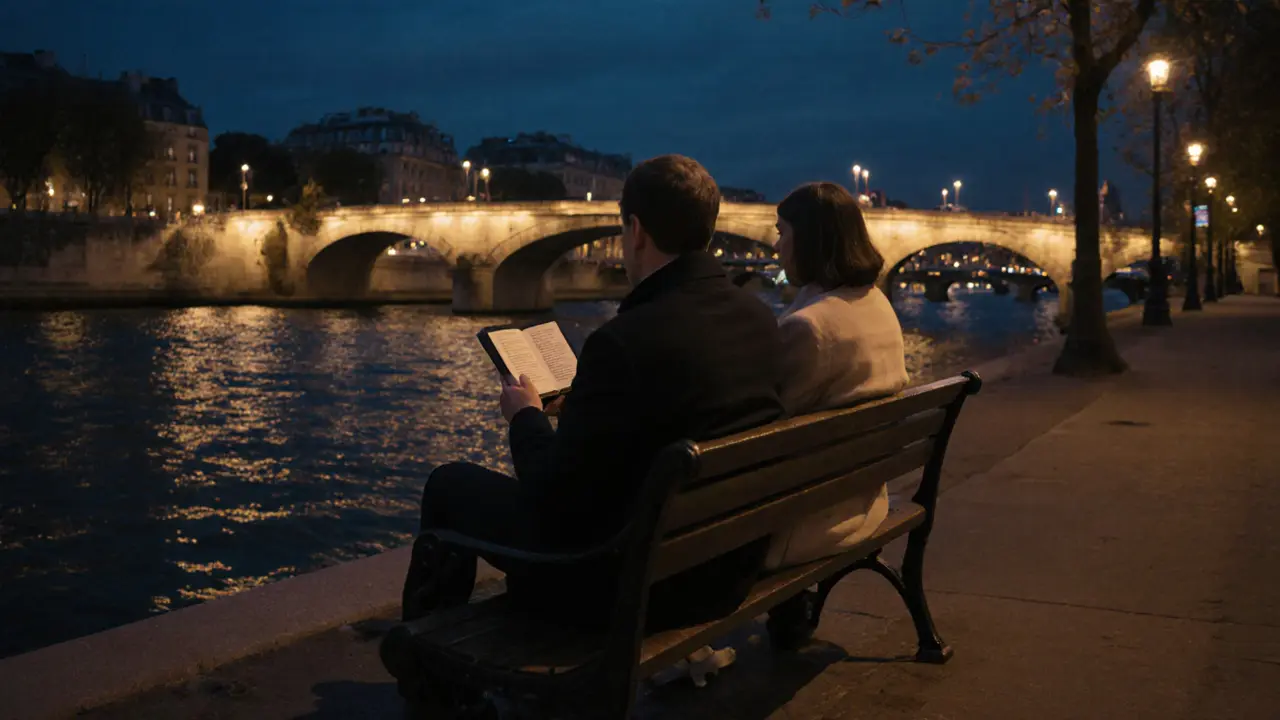Two people sit side by side on a bench by the Seine at night, gazing at the water, no words, only quiet presence.