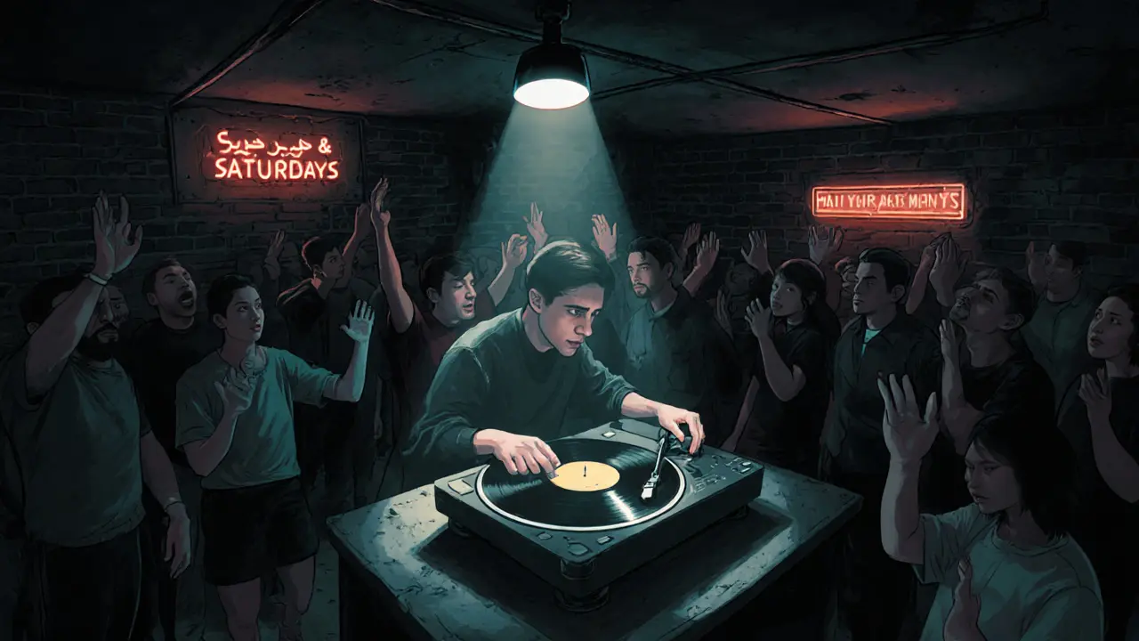 Underground club The Waiting Room with DJ spinning techno, exposed brick walls, and intimate crowd.