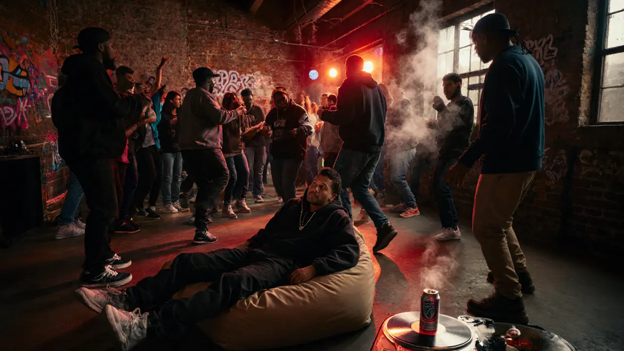 Underground warehouse club with neon lights, dancing crowd, and vinyl records spinning at night.