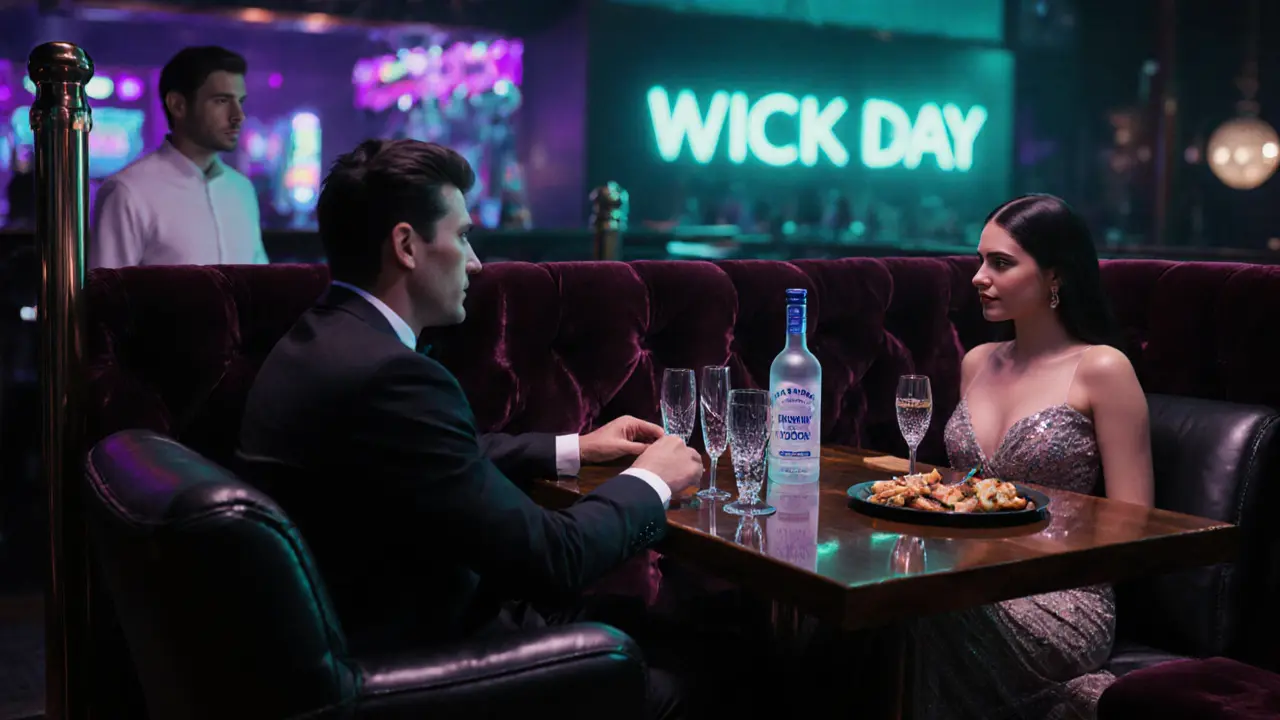 VIP club table with bottle service, plush seating, and a couple in formal attire.