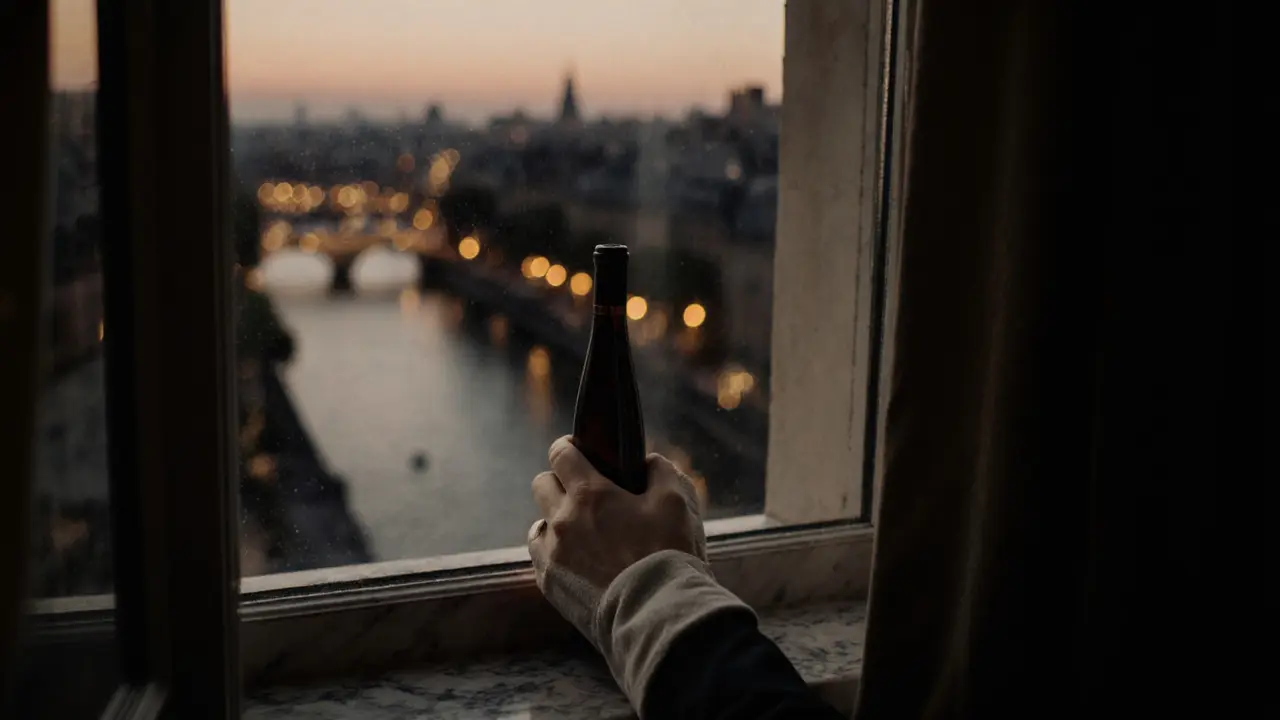 A bottle of French wine wrapped in linen, resting on a windowsill overlooking the Seine at twilight.