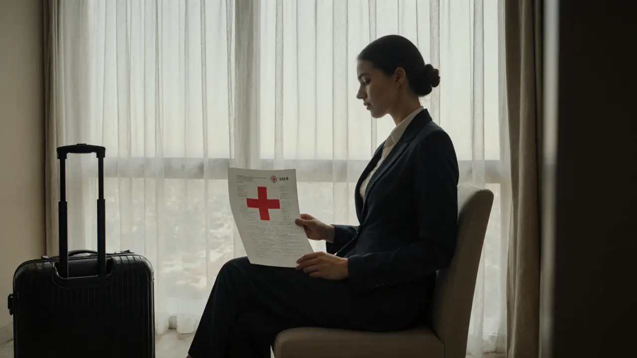 A calmly seated individual in a hotel room holding a health document, natural light, no face shown.