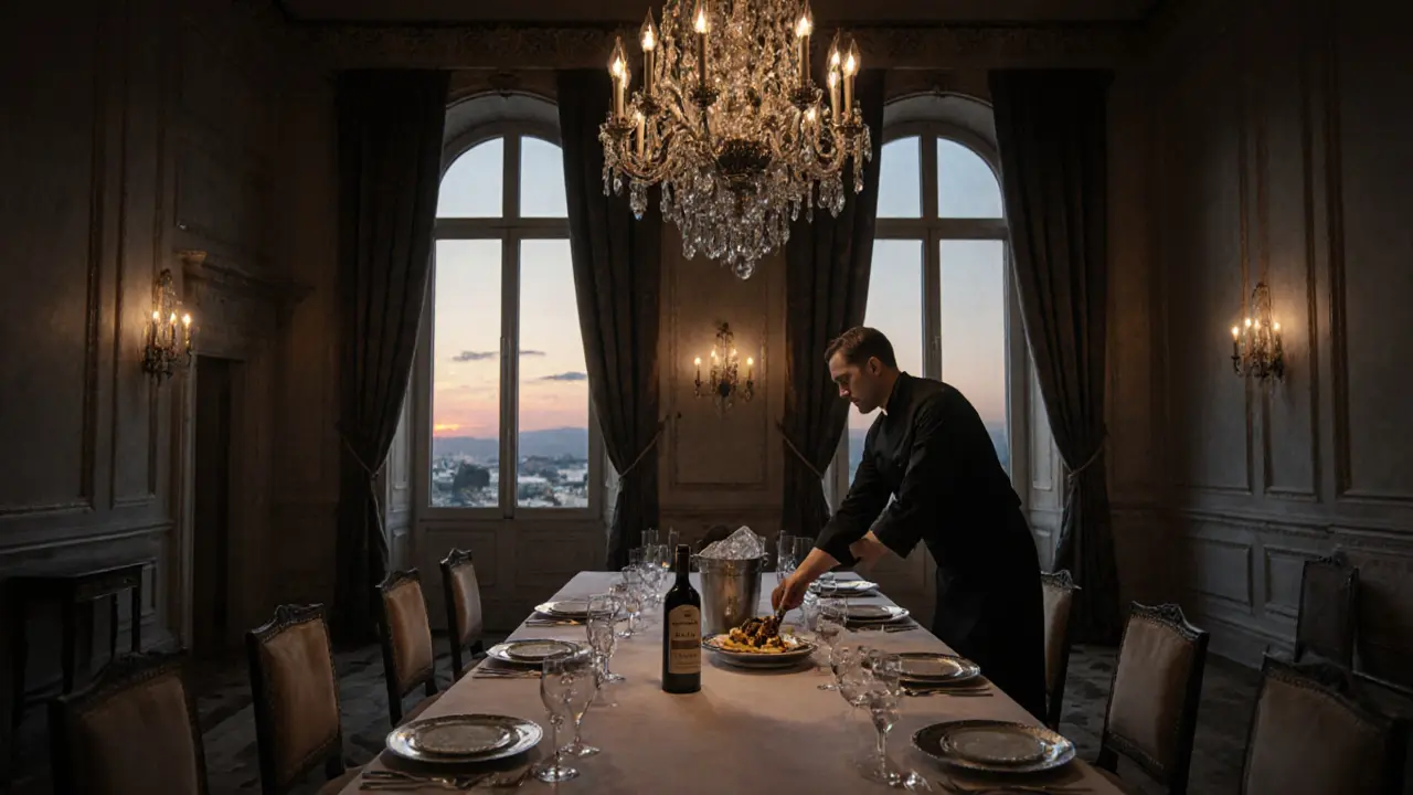 A candlelit private dinner in an opulent ballroom with one chandelier illuminating an empty table.
