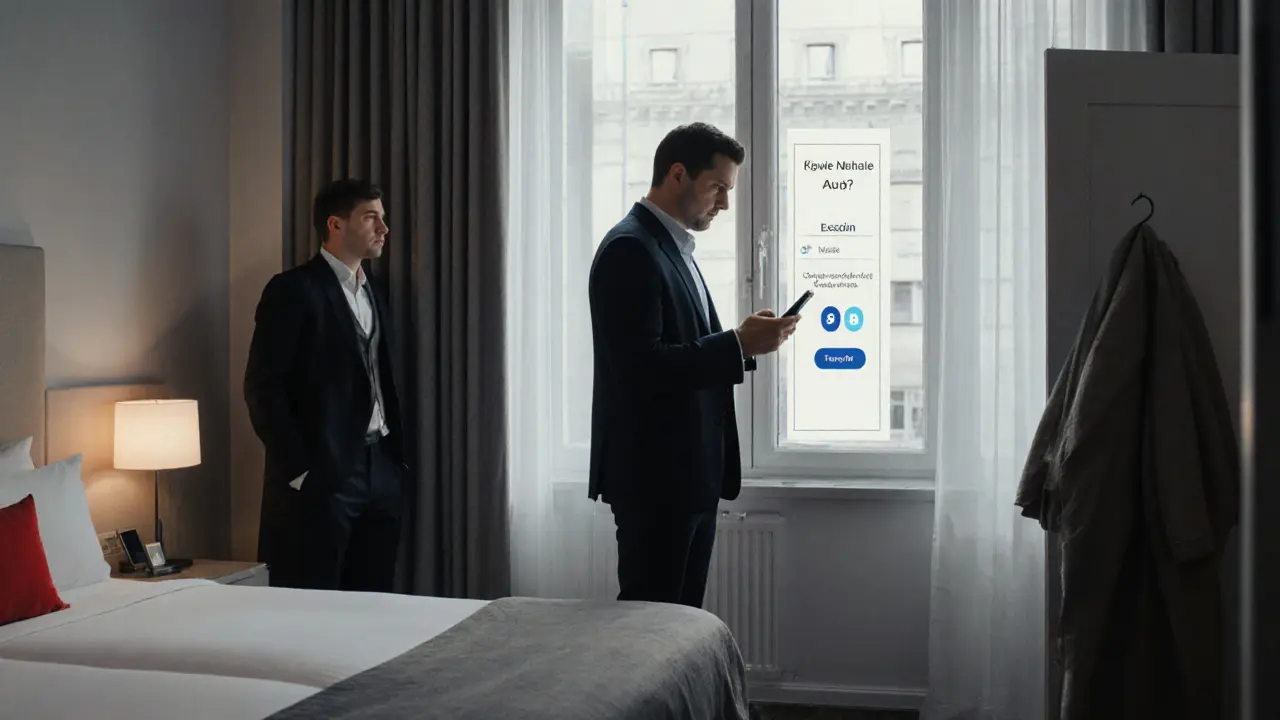 A client checking a booking confirmation on a smartphone in a modern Berlin hotel room, with a companion waiting respectfully nearby.