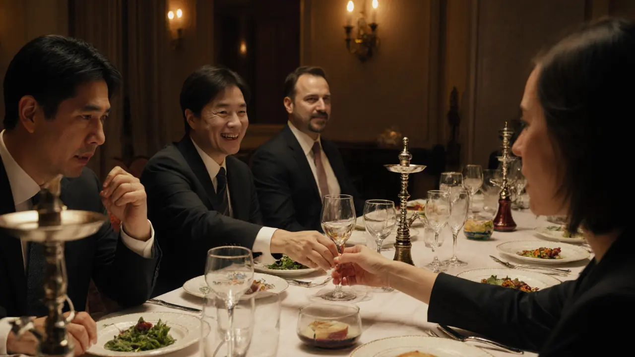 A cultural moment during a formal business dinner in Dubai, with subtle etiquette guidance.