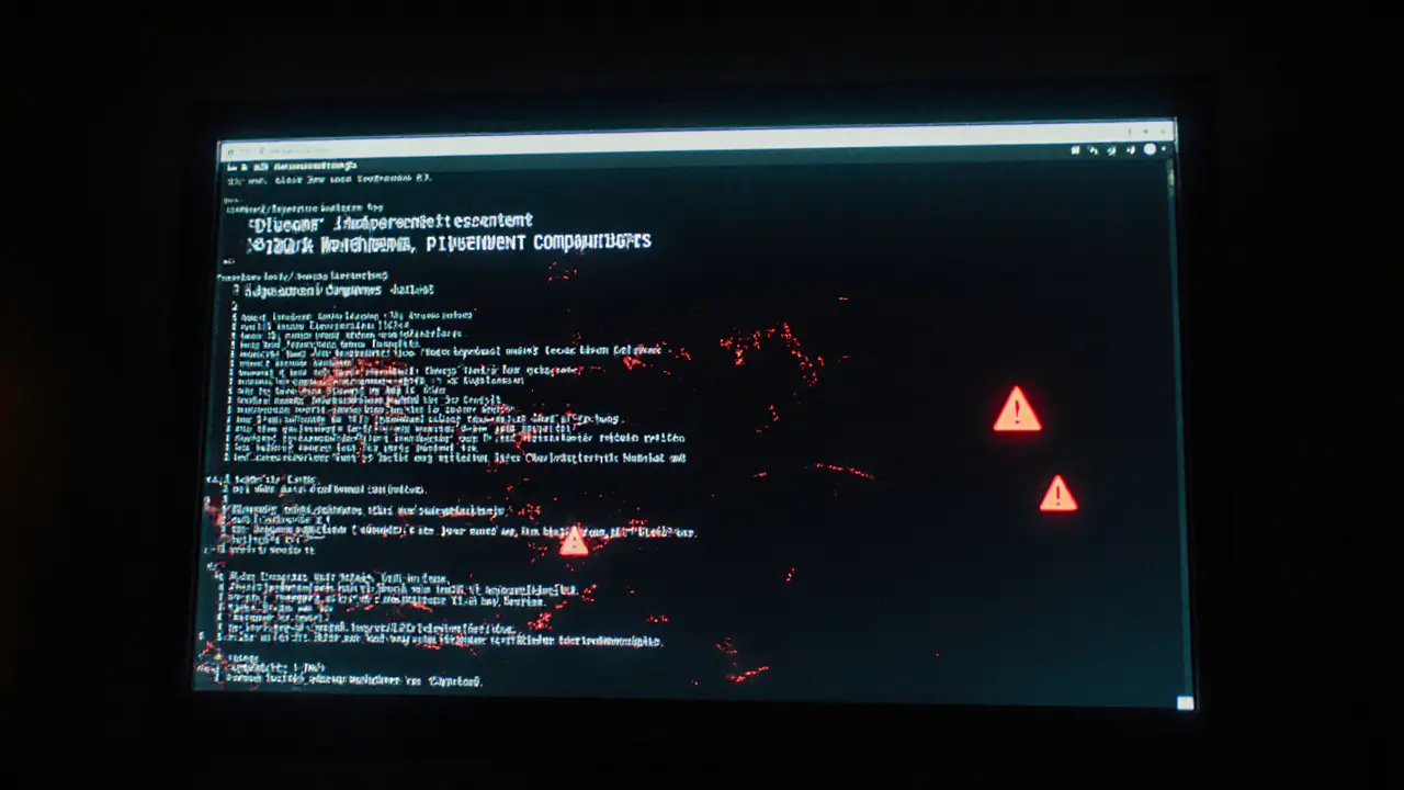 A dark room with a glowing screen showing deleted escort service ads, overlaid with digital police warning symbols.