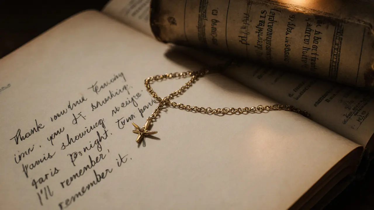 A delicate gold chain lying on a handwritten note beside a vintage book with soft candlelight.